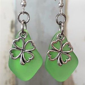 Grass Green Sea Glass Clover Earrings